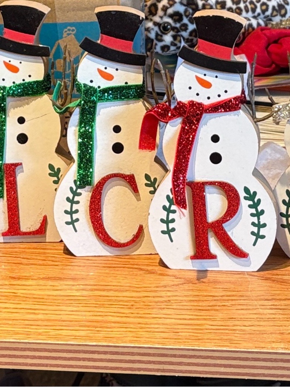 Wooden Snowman Letter Ornament - Red and Green Holiday Accent